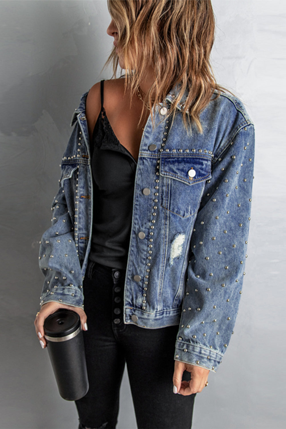 Studded Button Down Denim Jacket -