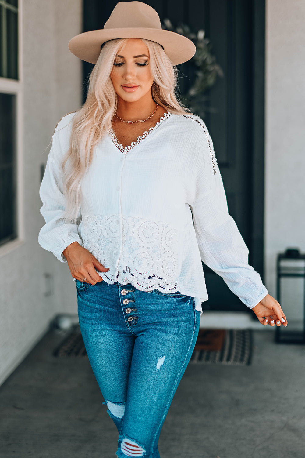 Applique Lace Trim V-Neck High-Low Shirt -