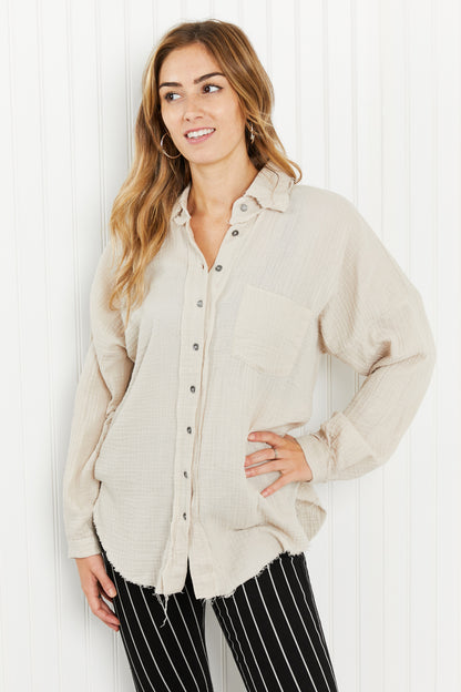 Zenana Through the Woods Gauze Raw Hem Button-Down Shirt in Sand Beige - Sand Beige / S