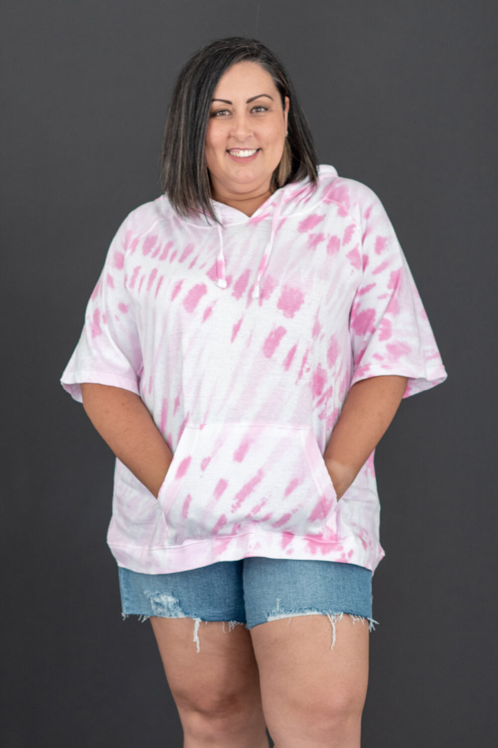 Sew In Love Watching Clouds Tie-Dye Short-Sleeved Hoodie in Neon Pink -