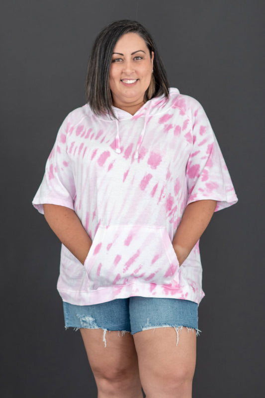 Sew In Love Watching Clouds Tie-Dye Short-Sleeved Hoodie in Neon Pink -