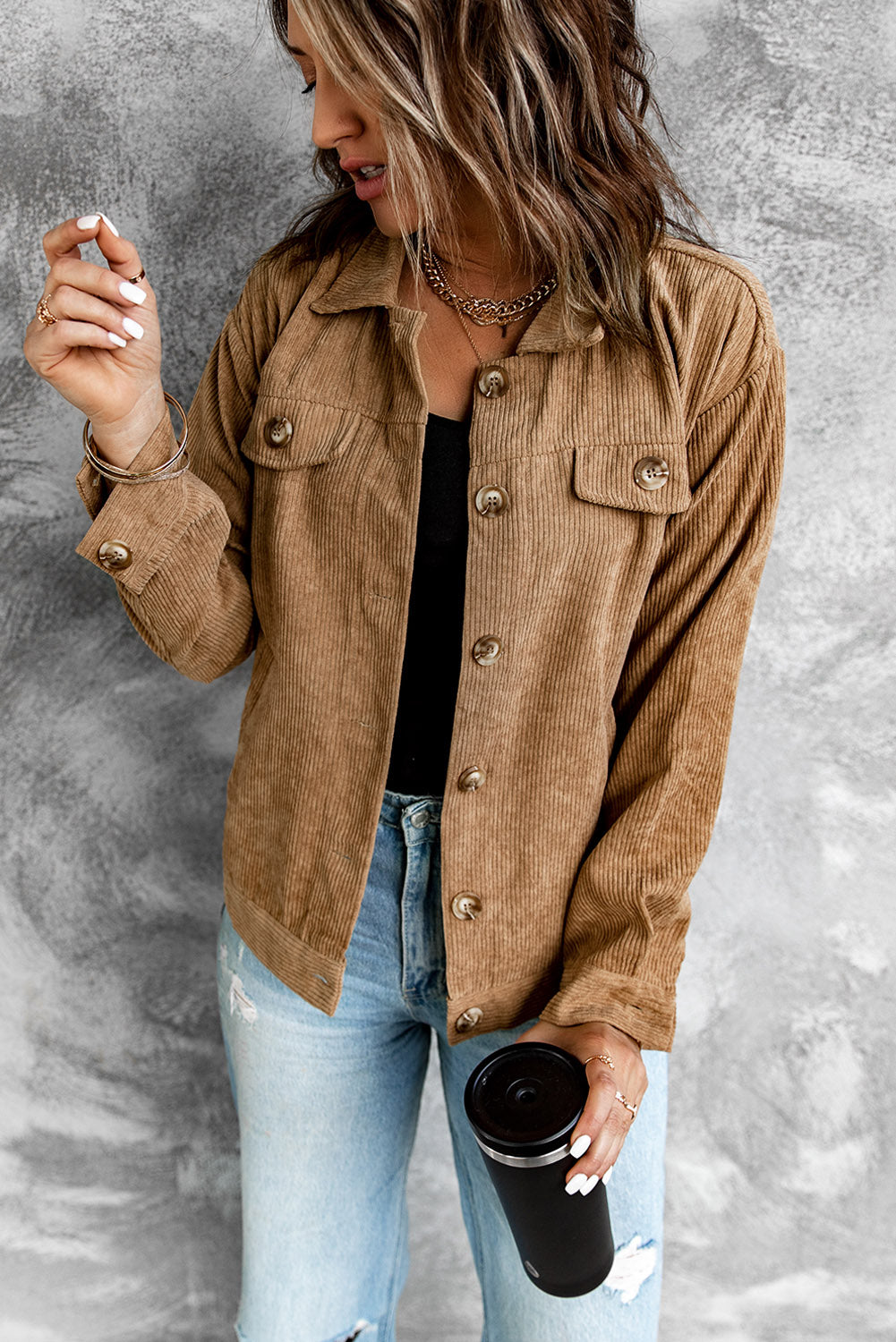 Corduroy Long Sleeve Jacket - Brown / S