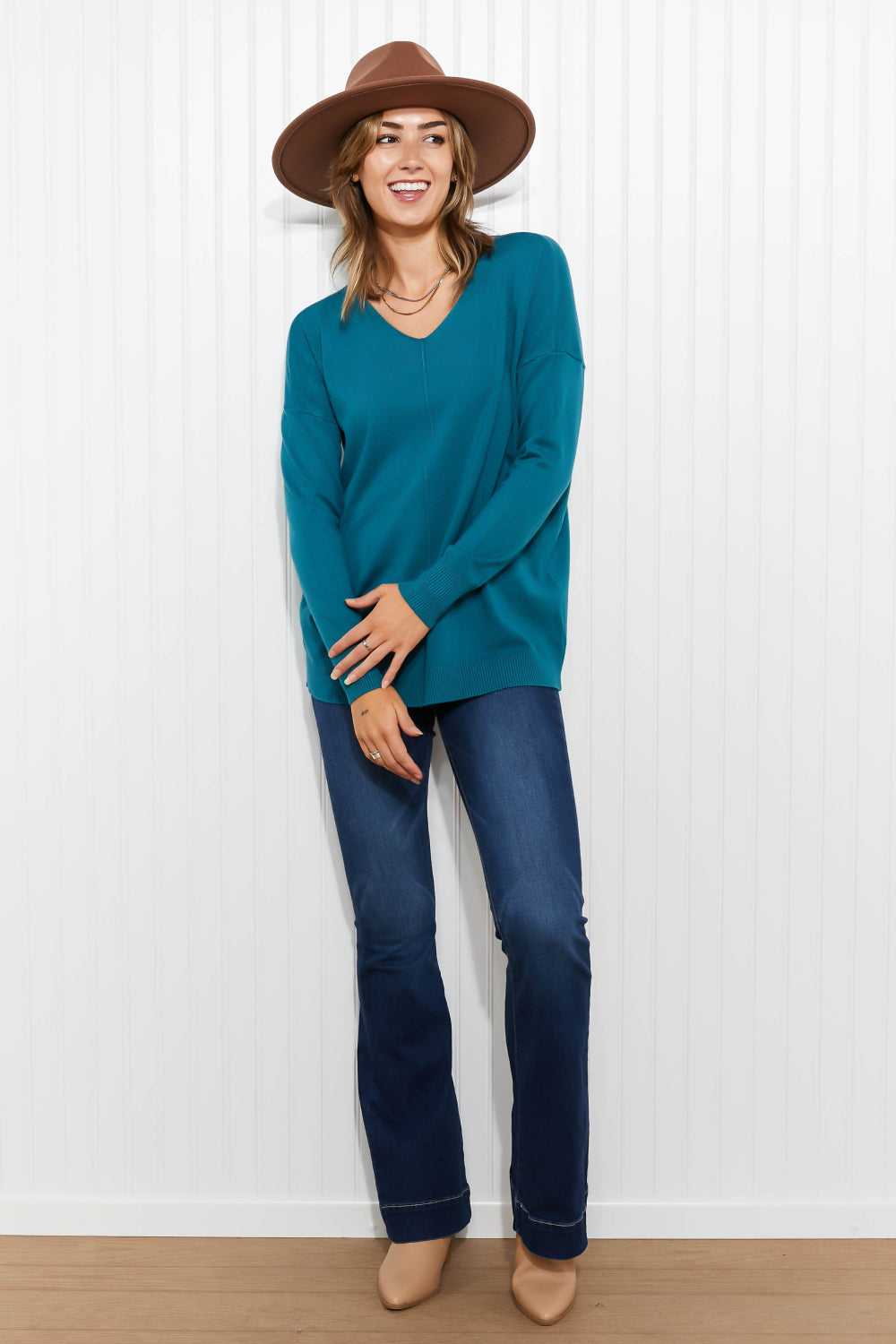 Zenana Hello Fall Center Seam Sweater in Teal -