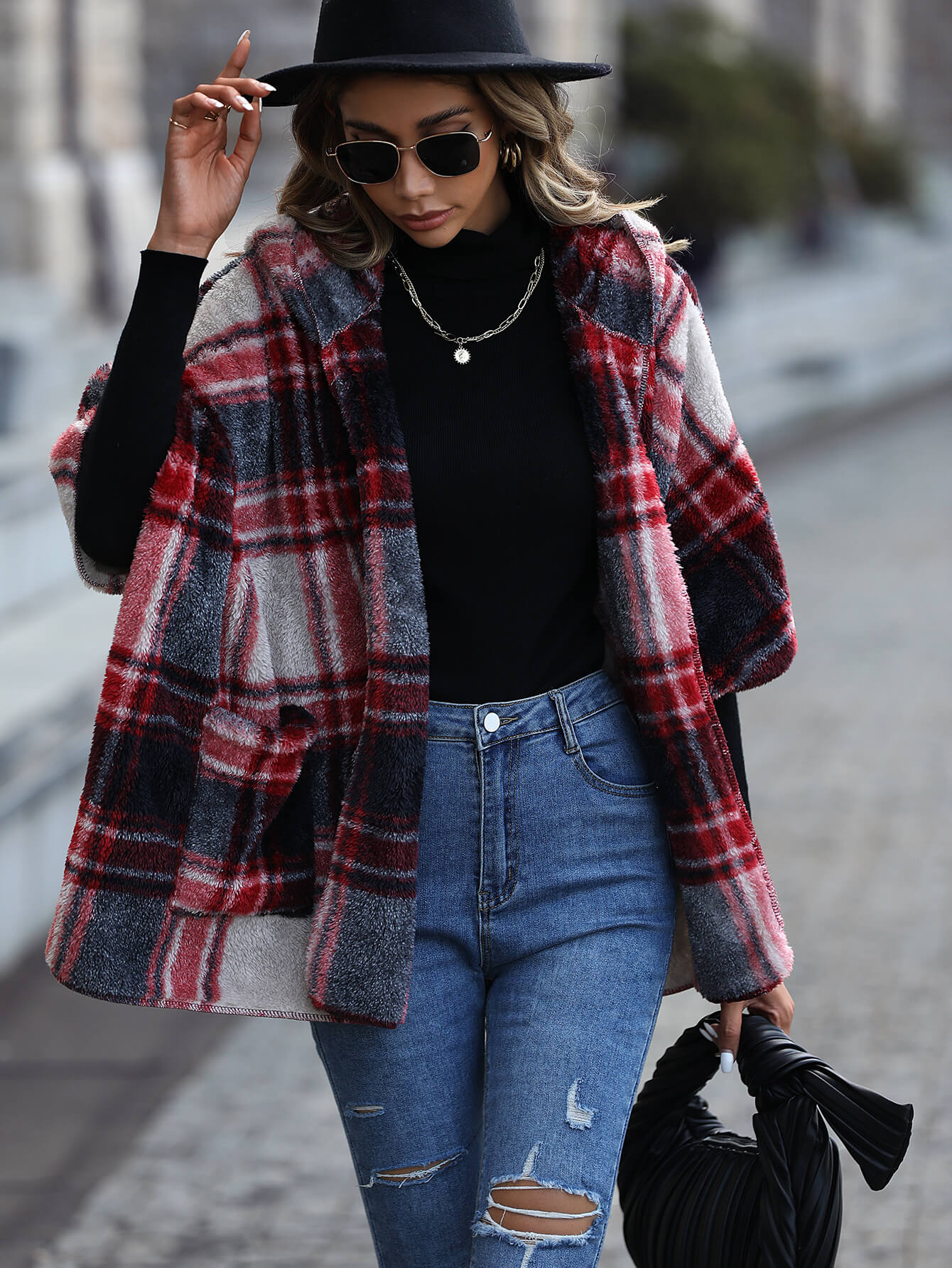 Plaid Half Sleeve Open Front Hooded Fleece Jacket -