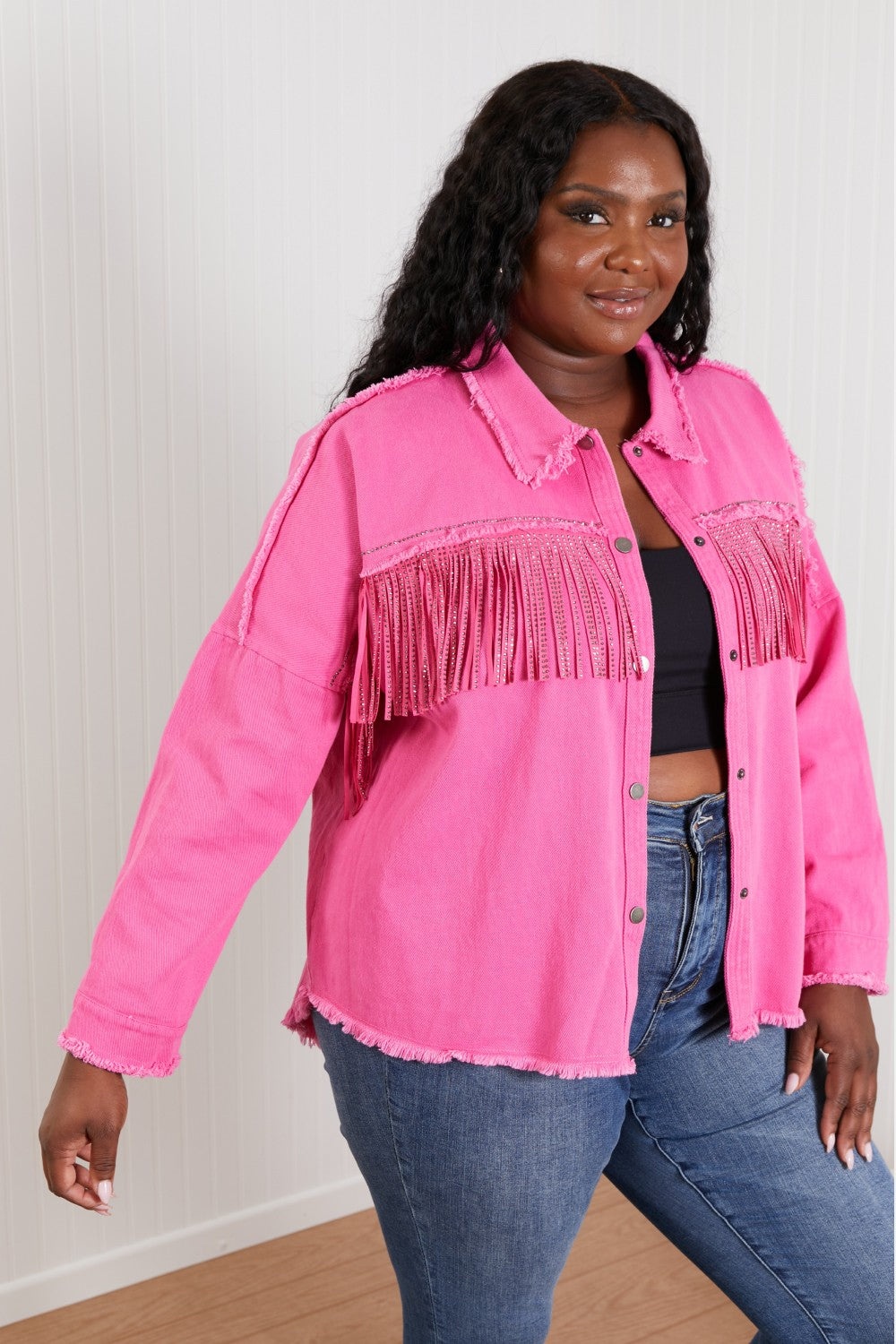 GeeGee Southwest Rhinestone Fringe Detail Shirt Jacket -