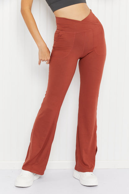 Rae Mode Going the Distance Full Size V-Waist Pocket Flared Yoga Pants - Terracotta / S