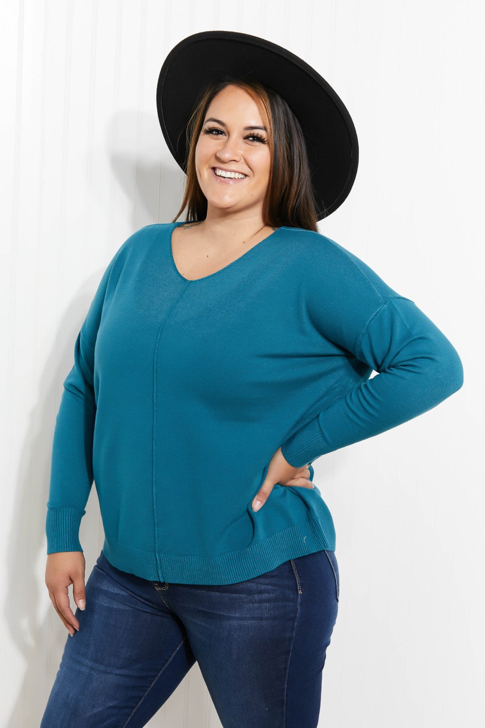 Zenana Hello Fall Center Seam Sweater in Teal - Teal / S