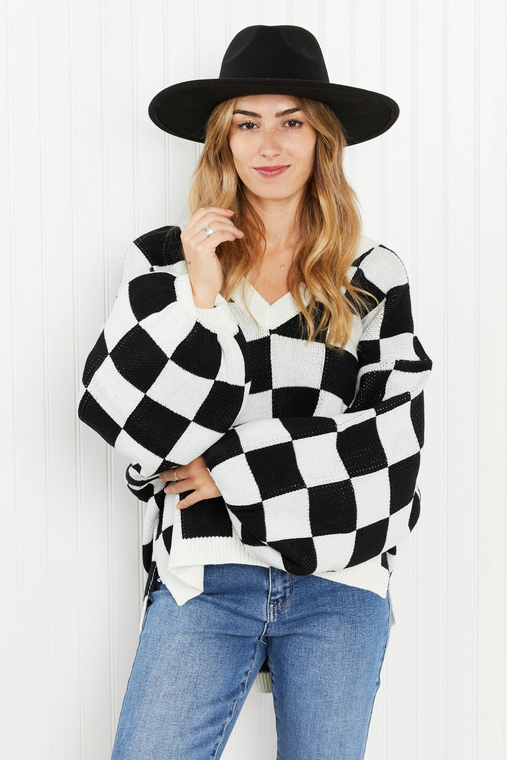 Davi & Dani Reality Check Full Size Checkered V-Neck Sweater - Black/White / S