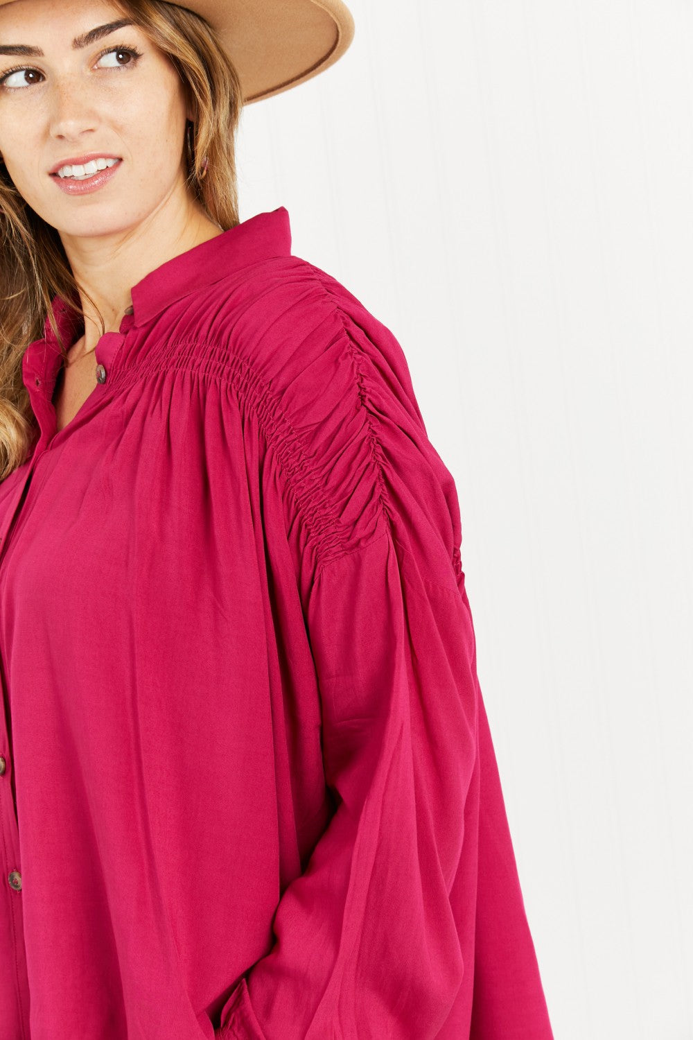 Andree by Unit Delectable Taste Full Size Ruched Detail Button-Down Shirt -