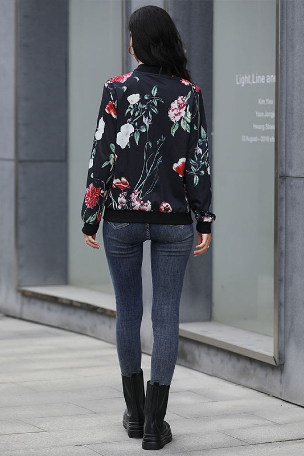 Floral Ribbed Trim Bomber Jacket -