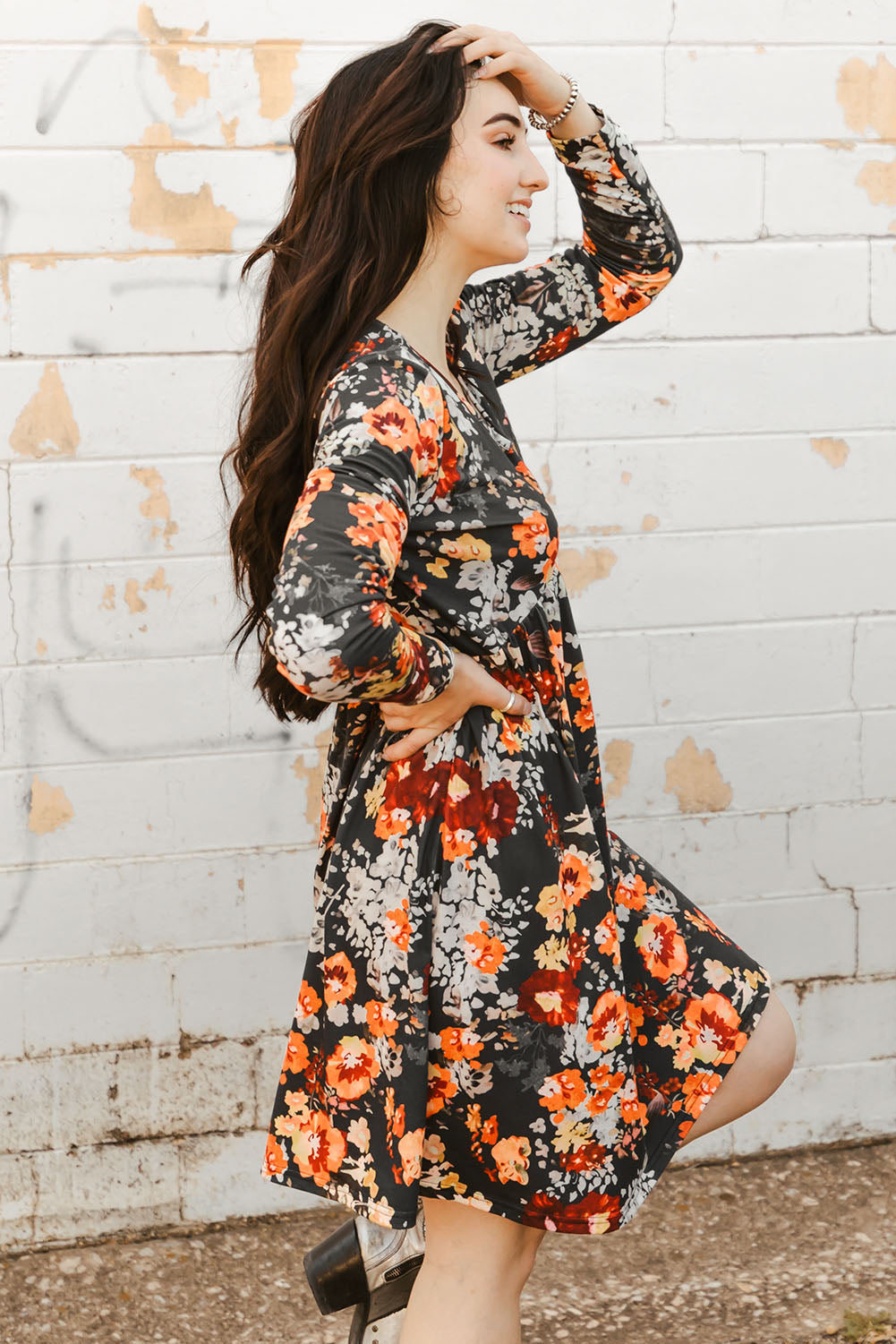 Floral Print Scoop Neck Long Sleeve Dress -