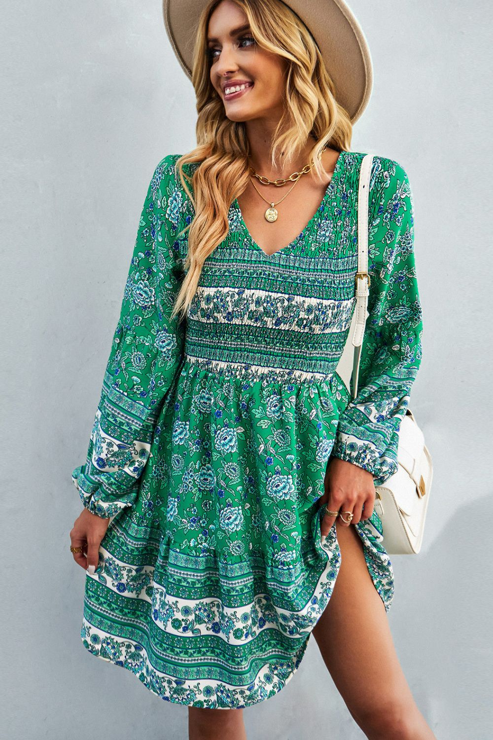 Bohemian V-Neck Balloon Sleeve Dress -