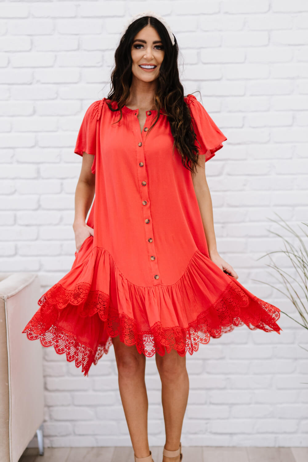 Davi & Dani Fly with Me Full Size Button Down Ruffle Dress -