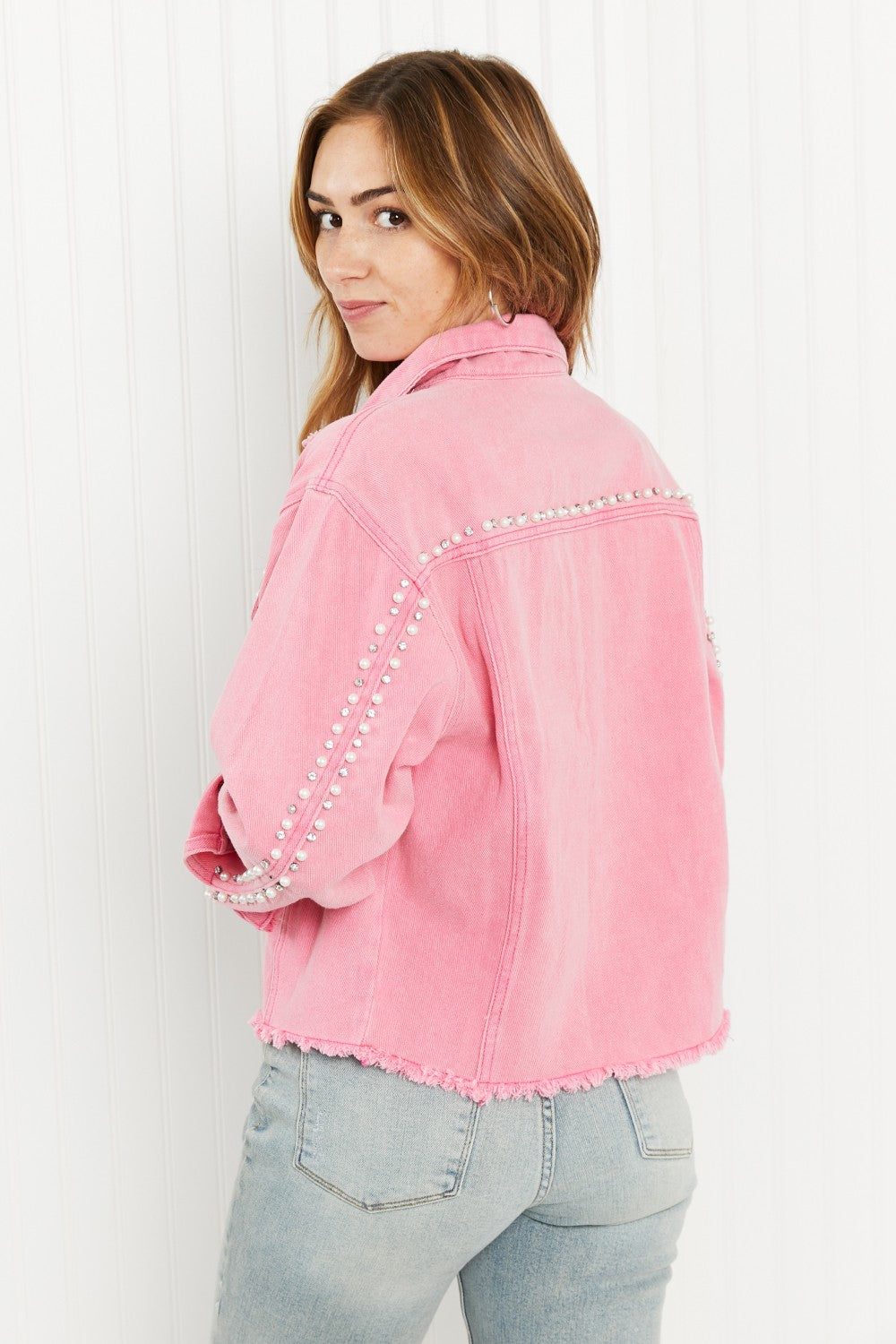 Andree by Unit Dripping in Pearls Full Size Embellished Denim Jacket -