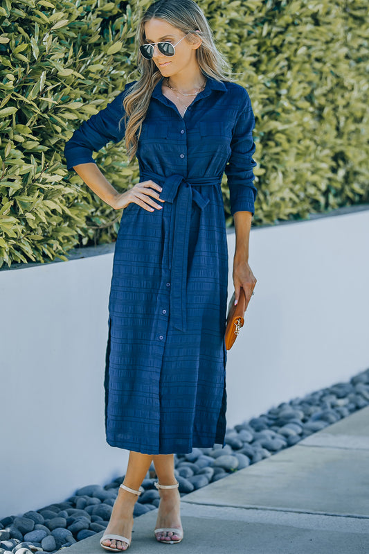 Button Front Textured Slit Shirt Dress with Belt -