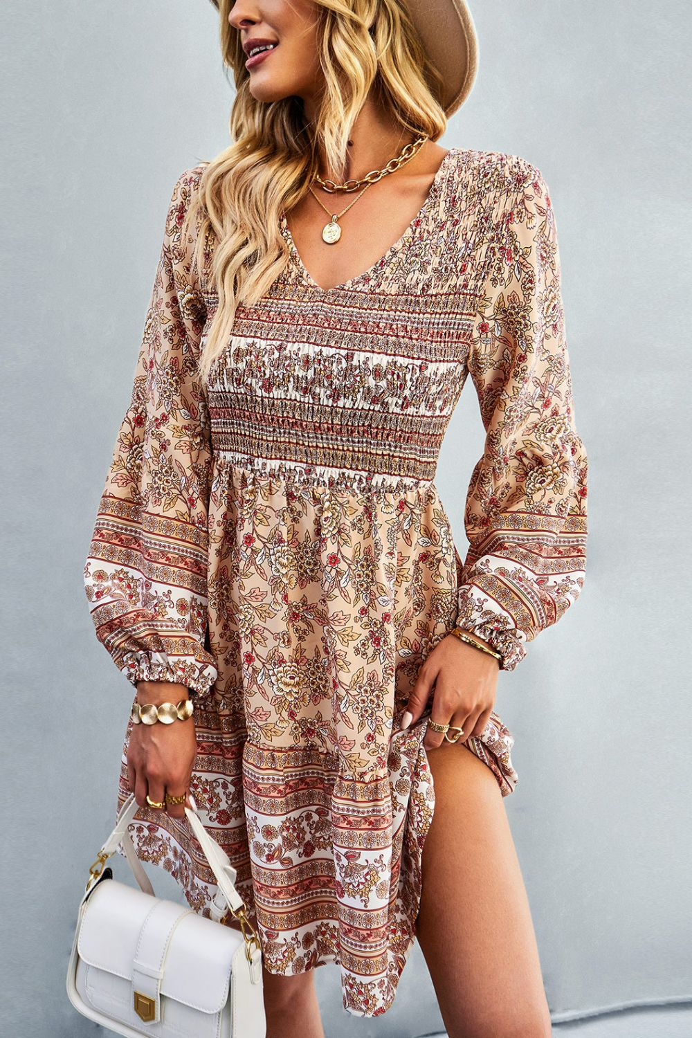 Bohemian V-Neck Balloon Sleeve Dress -