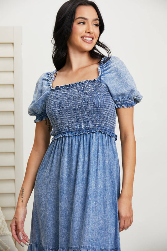 GeeGee Just Wondering Acid Wash Chambray Midi Dress -