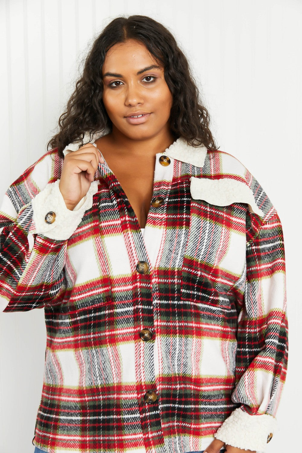 Davi & Dani Fresh Fall Vibes Full Size Plaid Button Down Jacket with Teddy Trim -