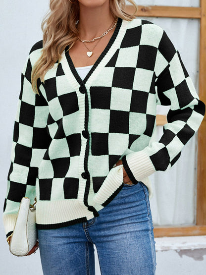 Checkered Button Front Ribbed Trim Cardigan - Black / S