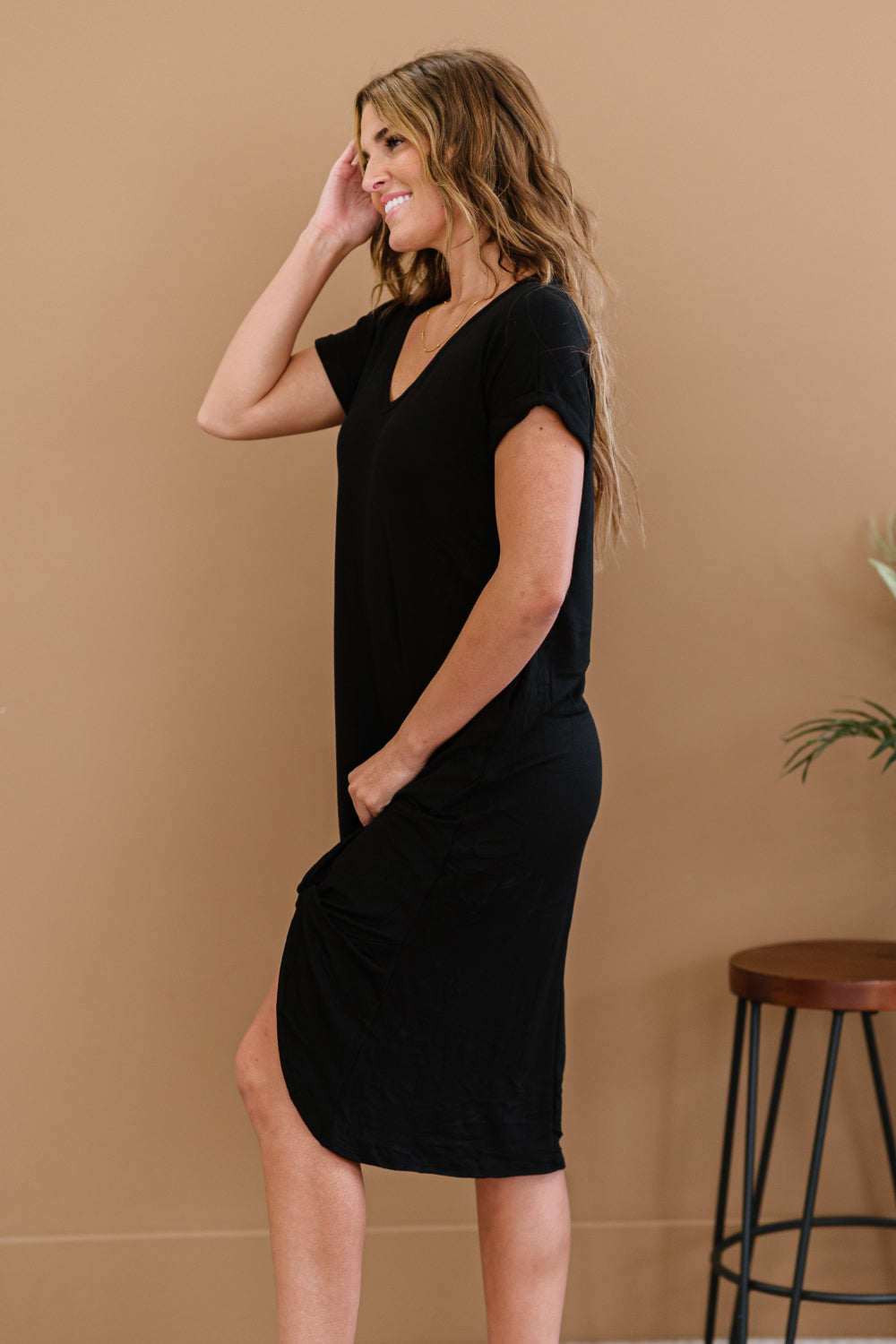 P & Rose Plot Twist T-Shirt Dress with Pockets in Black -