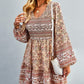 Bohemian V-Neck Balloon Sleeve Dress - Khaki / S