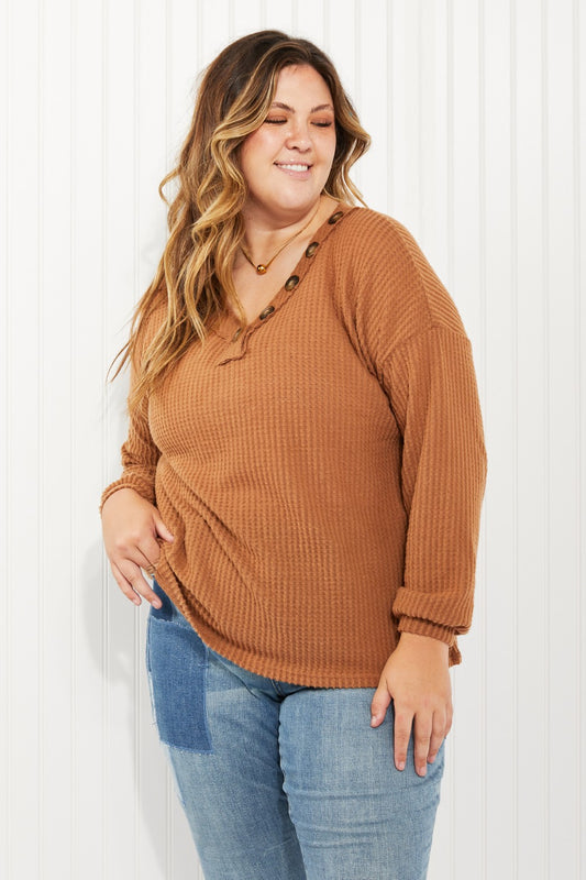 Zenana Apple Dumplings Full Size Brushed Waffle Knit Henley in Deep Camel -