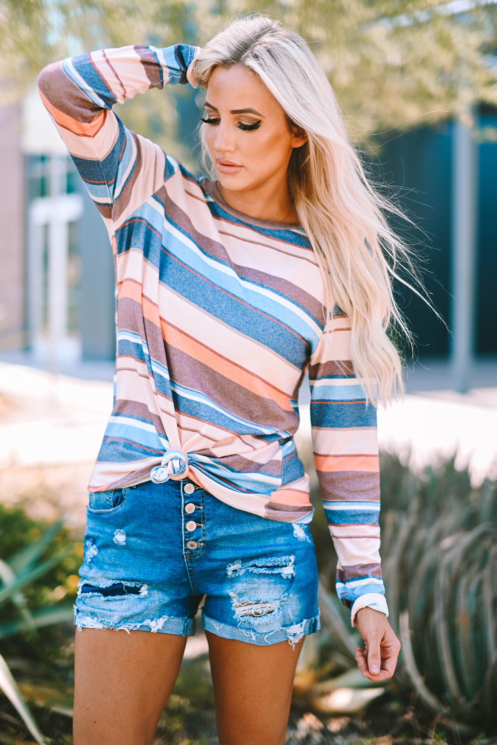 Striped Round Neck Long Sleeve Top -