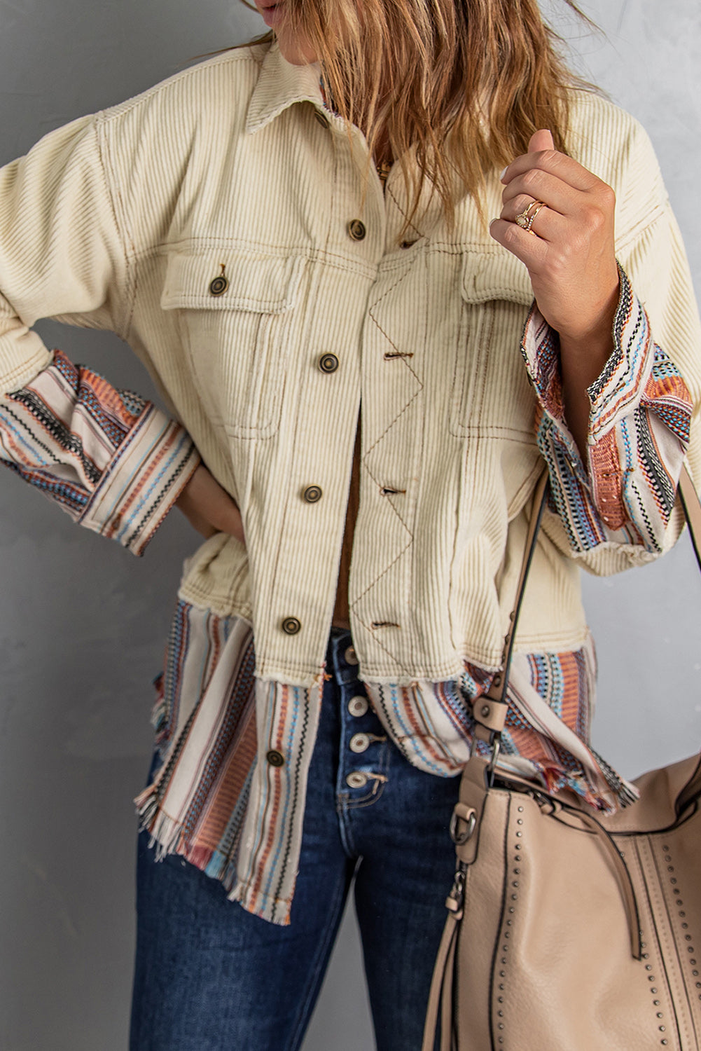 Striped Frayed Hem Corduroy Jacket -