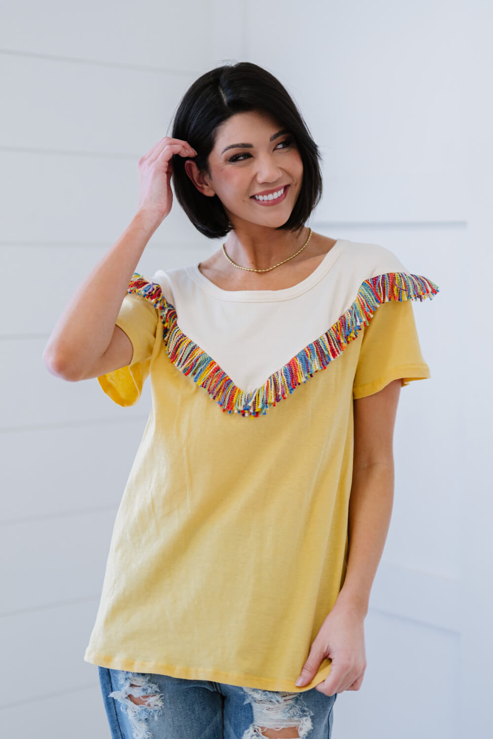 BiBi Saddle Up Fringe Detail Tee in Yellow -