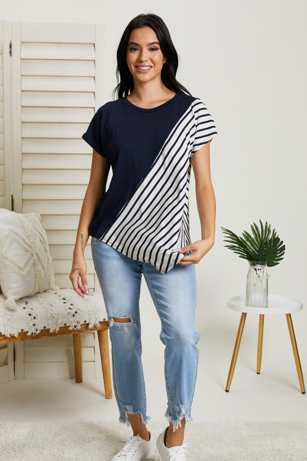 Sew In Love Spoonful of Sugar Striped Color Block Tee in Navy -