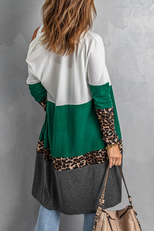 Leopard Color Block Open Front Longline Cardigan -