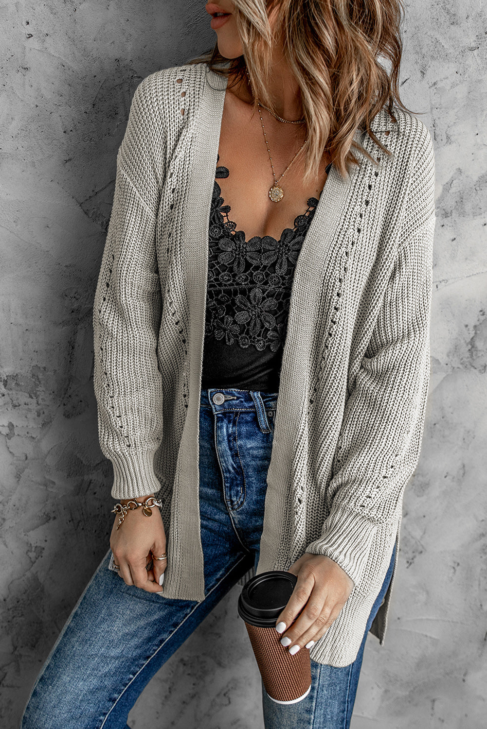 Openwork Rib-Knit Slit Cardigan - Gray / S