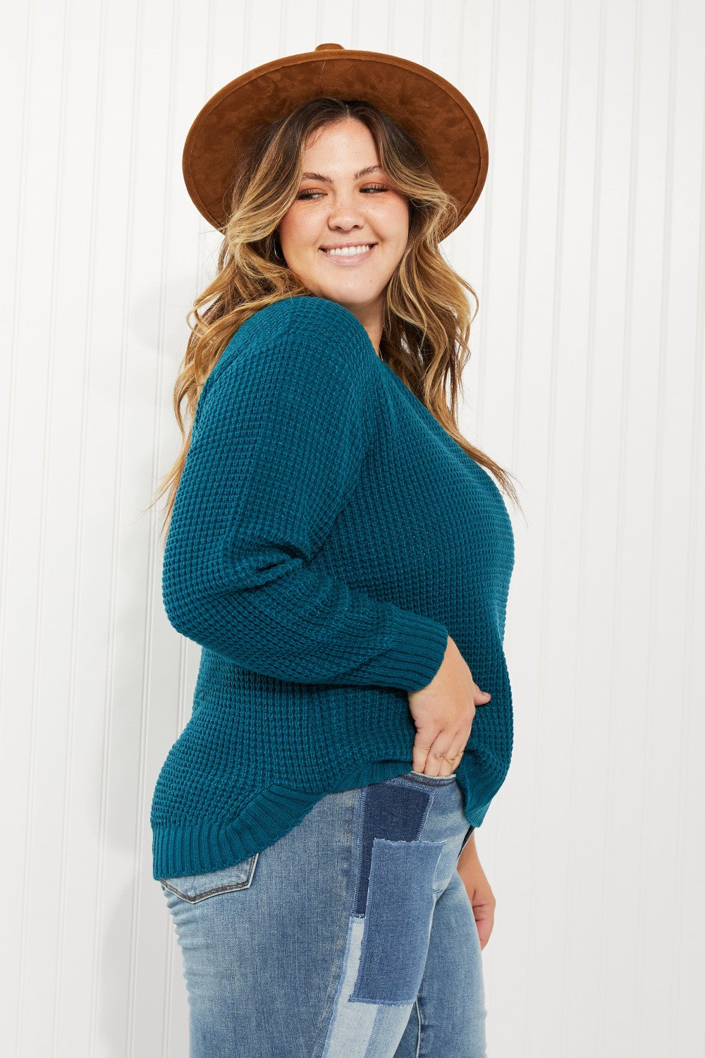 Zenana Autumn is Calling Full Size Waffle Knit Sweater in Teal -