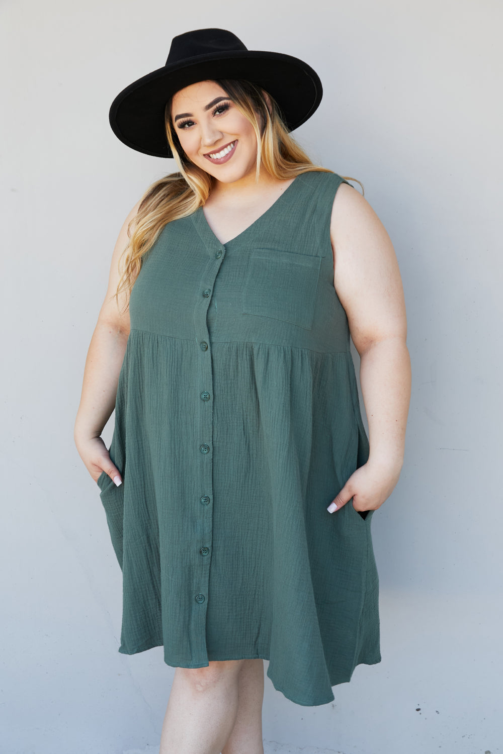 Cotton Bleu Farmers' Market Button-Up Sleeveless Dress - Army Green / S