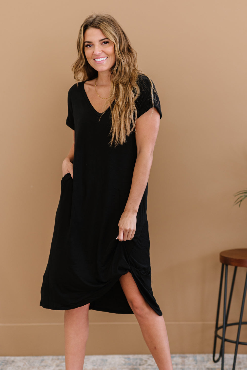 P & Rose Plot Twist T-Shirt Dress with Pockets in Black -