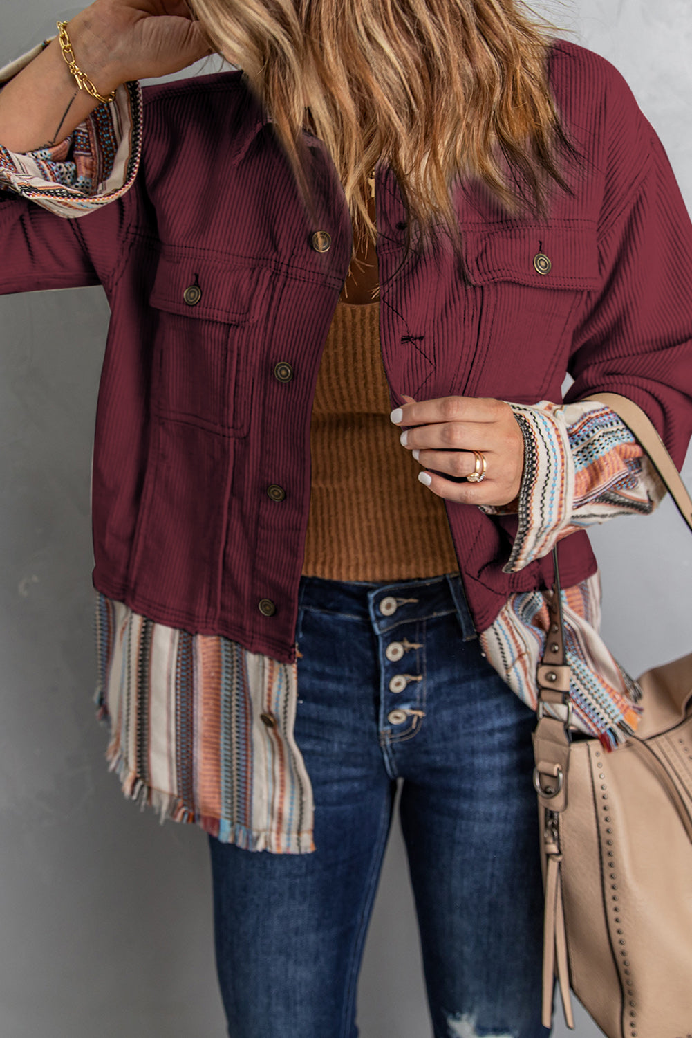 Striped Frayed Hem Corduroy Jacket -