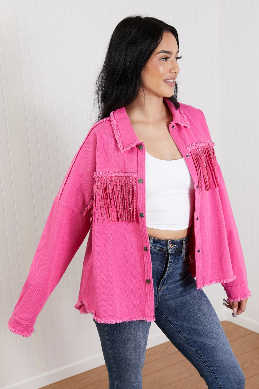 GeeGee Southwest Rhinestone Fringe Detail Shirt Jacket -