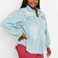 Davi & Dani Sitting Fireside Full Size Button Down Denim Shirt -