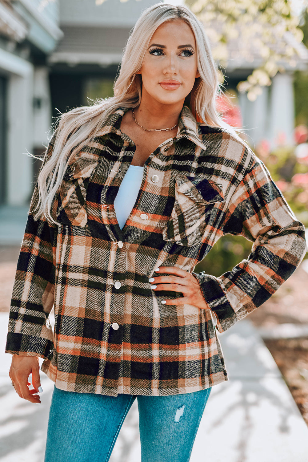 Plaid Button Front Shirt Jacket with Breast Pockets -