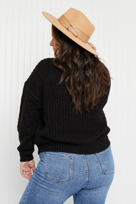 Sew In Love Rib-Knit Dropped Shoulder Sweater in Black -