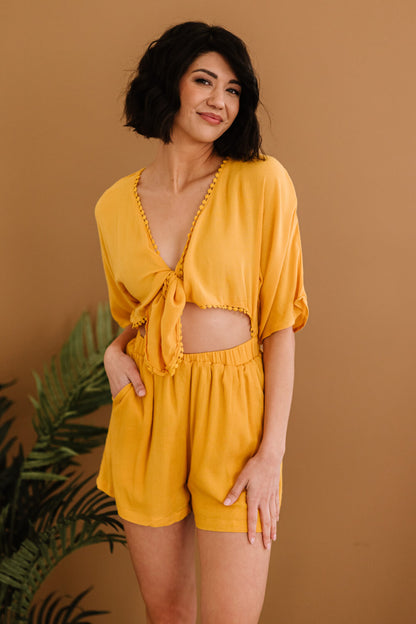 Dress Day Marigold Sunshine Tie-Front Romper - Mustard / S