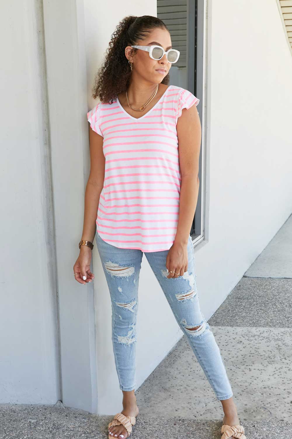 Sew In Love Illuminate the Way Striped Tee in Neon Pink -