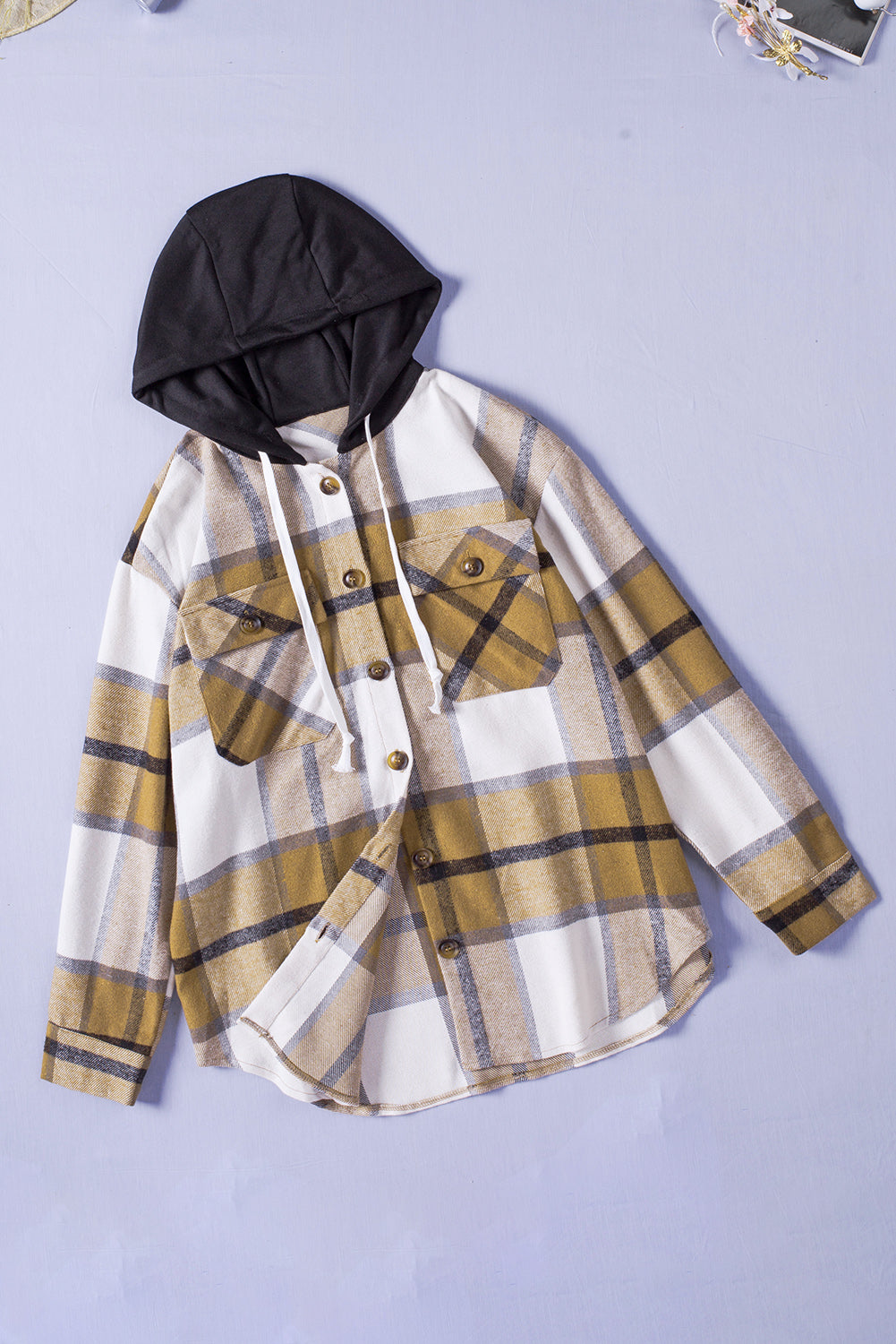 Plaid Button Down Hooded Shirt Jacket with Breast Pockets -