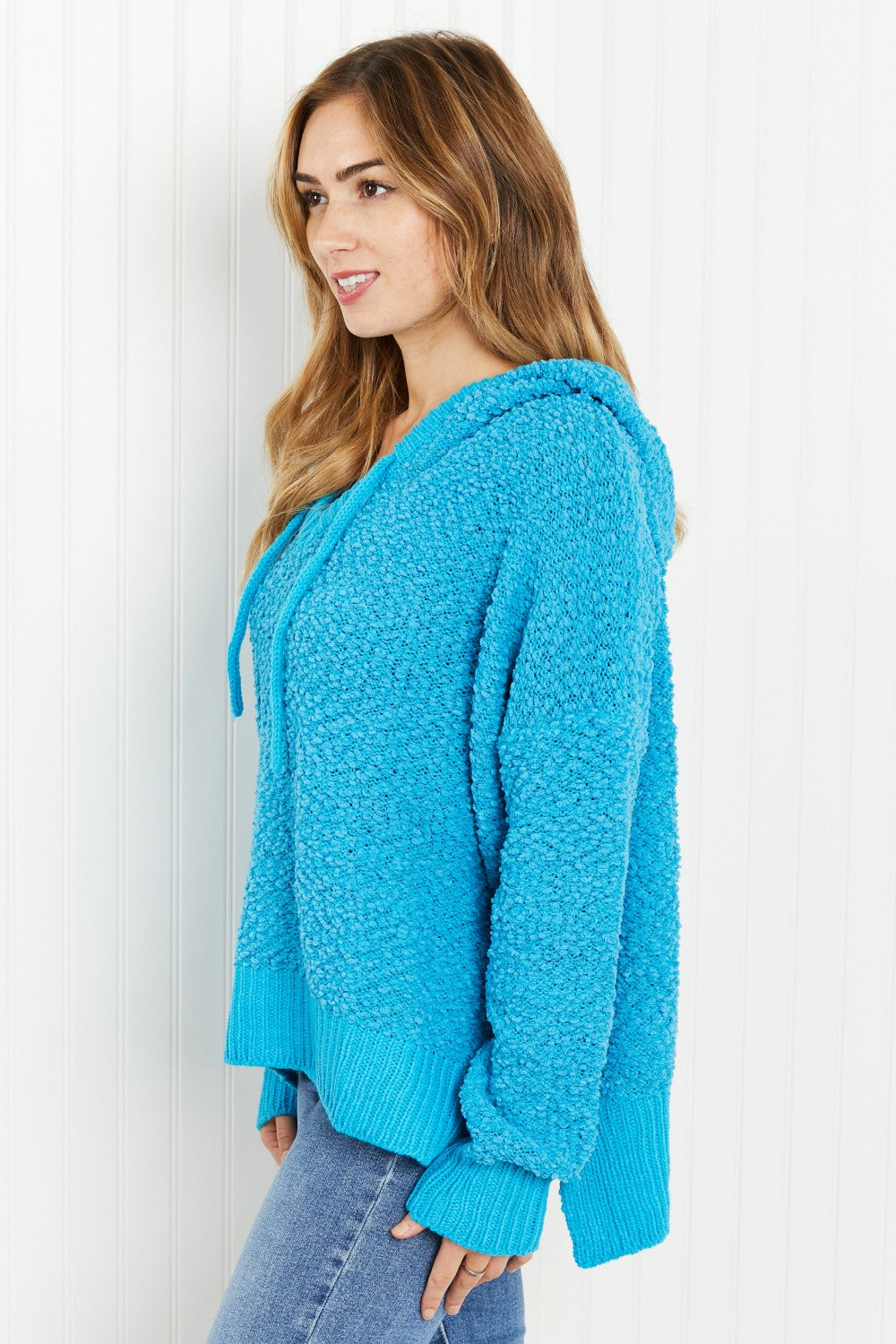 POL Game Night Full Size Textured Knit Hoodie in Pool Blue -