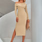 Asymmetrical Neck Slit Midi Dress - Apricot / S