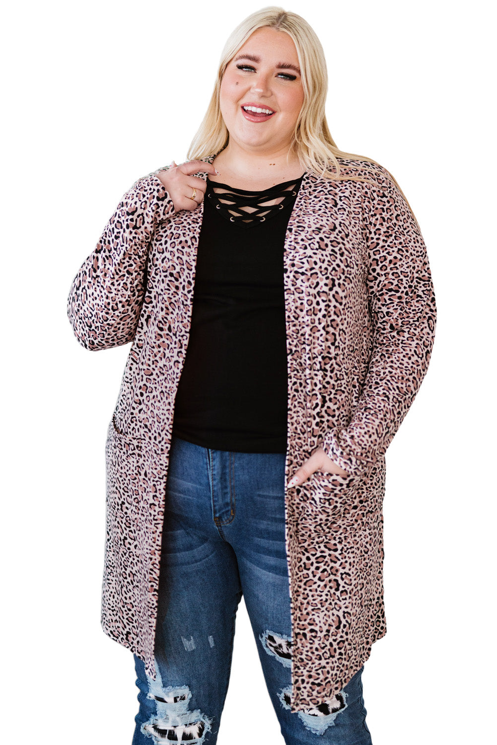 Plus Size Leopard Open Front Cardigan with Pockets -