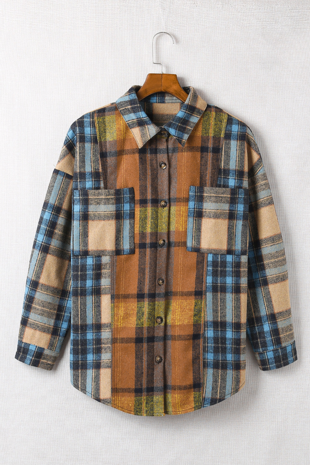 Plaid Curved Hem Shirt Jacket with Breast Pockets -