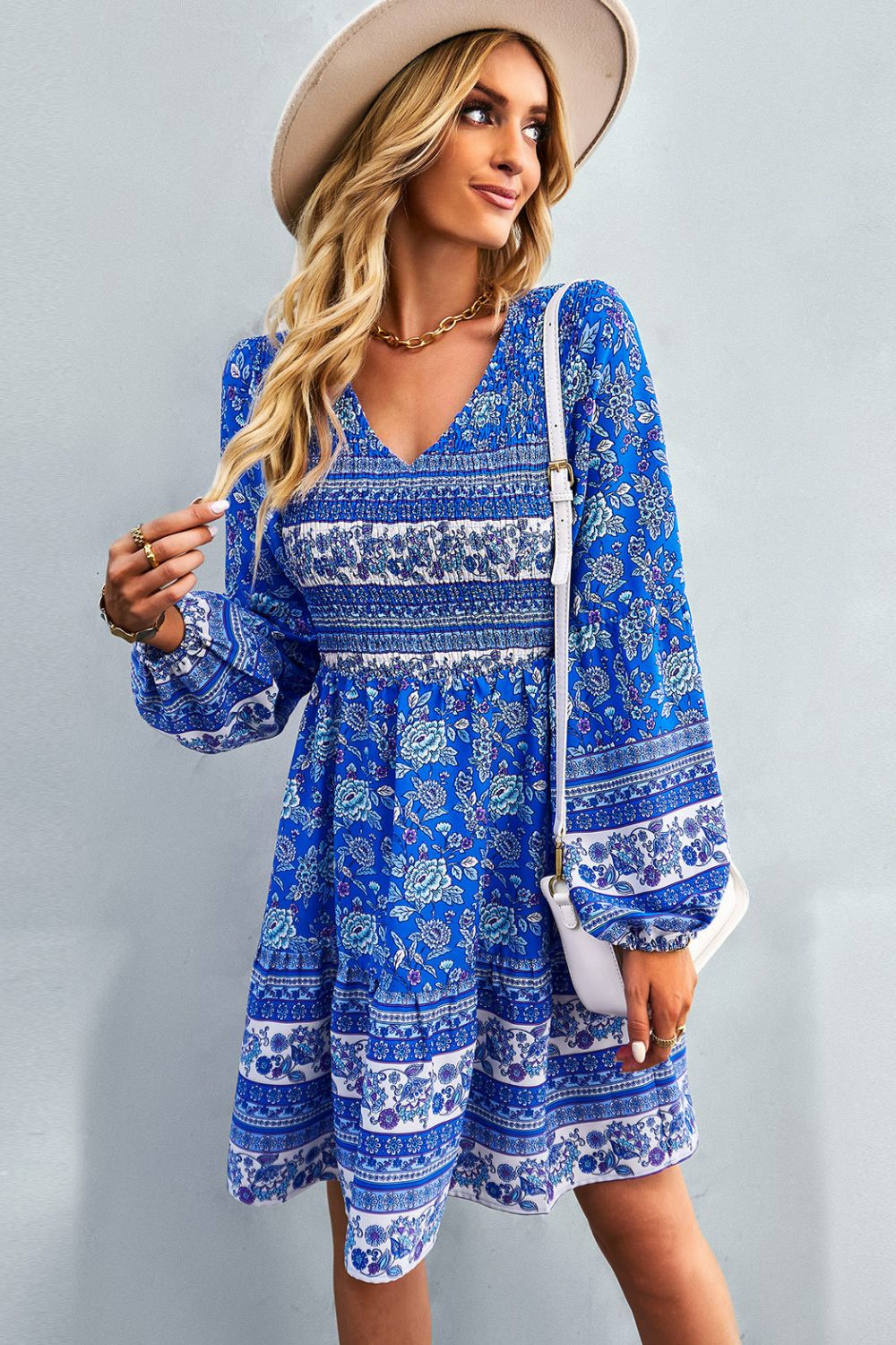 Bohemian V-Neck Balloon Sleeve Dress -