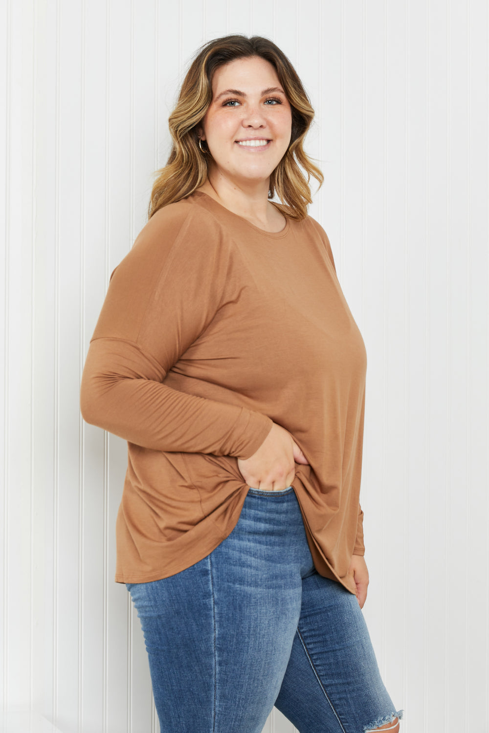 Zenana Full Size Round Neck Dropped Shoulder Tunic Top in Deep Camel -