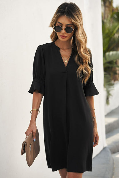 Puff Sleeve Notched Mini Shift Dress - Black / S